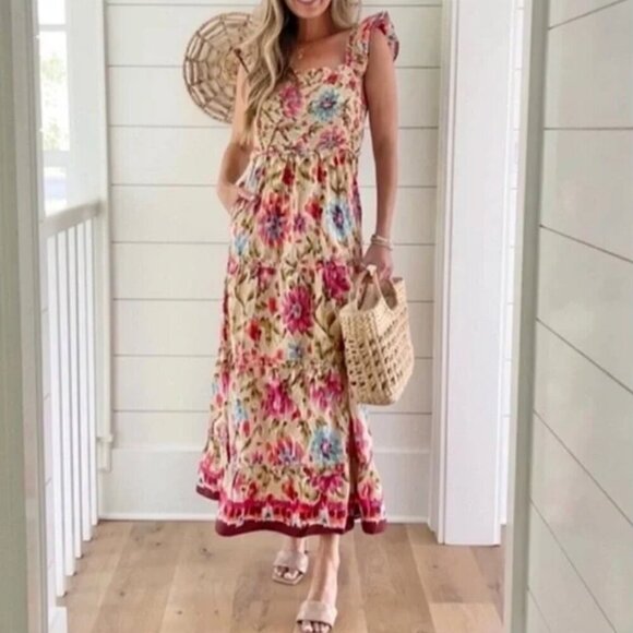 House of Harlow 1960 Dresses & Skirts - House of Harlow 1960 ZOEY Floral Flutter Sleeve Smocked Top Tiered Midi Dress, M